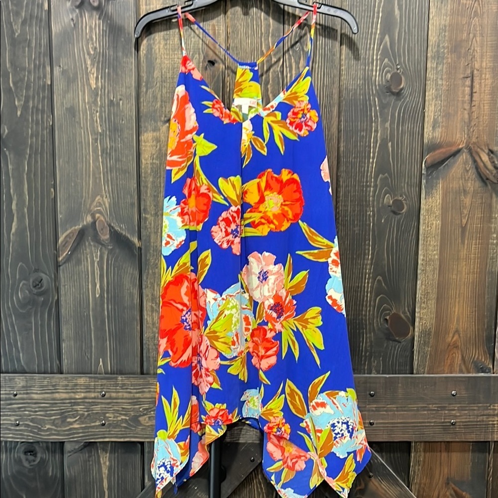 GB Blue Multi Floral Mini Dress S Shark Bite Tropical Lined Sundress Resortwear